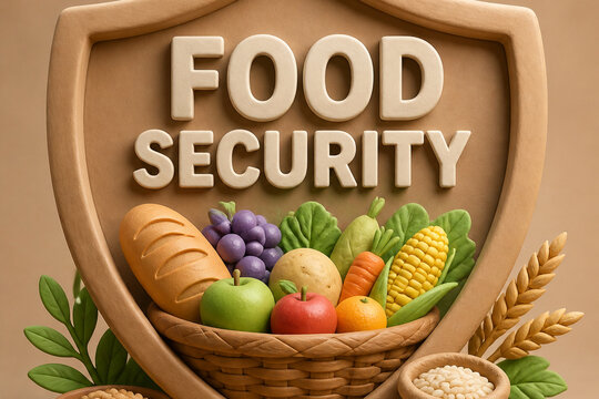 Warm 3D illustration of a food security shield featuring a basket of bread, fruits, vegetables, grains, and leafy plants.