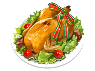 クリスマスの赤緑金の豪華なリボンがついた手描き厚塗りのローストチキンイラスト クリスマスディナーの挿絵