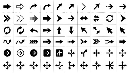Obraz premium Black and white arrow icons grid set with directional symbols featuring up, down, left, right arrows with geometric shapes and minimalist style