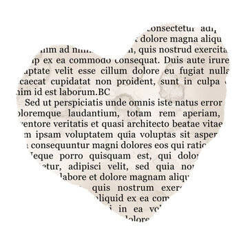Romantic Text Heart for Journaling. Newspaper printed paper torn into a cute heart shape for romantic scrapbook themes.