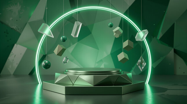 Emerald Green Neon Light Podium Showcase with Hanging Crystal Objects Background エメラルドグリーンのネオンライトと吊り下げられたクリスタルが美しい高級感あふれるポディウム展示台背景素材