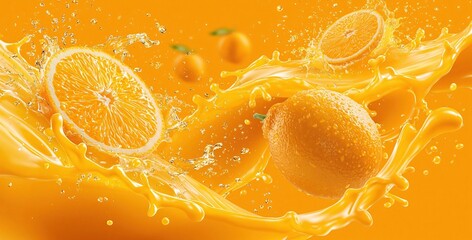 Fototapeta premium Vibrant Orange Splash with Slices and Whole Fruit in Refreshing Juice