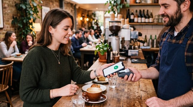 Woman making contactless payment with smartphone at cafe counter with barista holding card reader