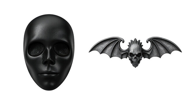 Black Human Mask and Metallic Winged Skull Emblem