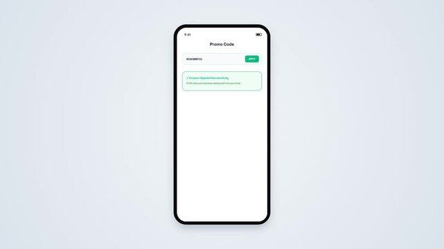 Mobile Promo Code Input Interface Animation with Coupon Applied Success Message in Smartphone Screen Mockup