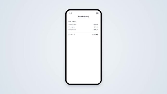 Ecommerce Checkout Order Summary UI Screen with Dynamic Price Calculation Animation on Smartphone Mockup Display