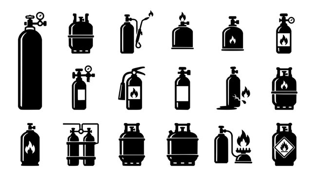 Gas cylinder icon set with flat design featuring propane, oxygen, acetylene, and butane tanks in a grid layout