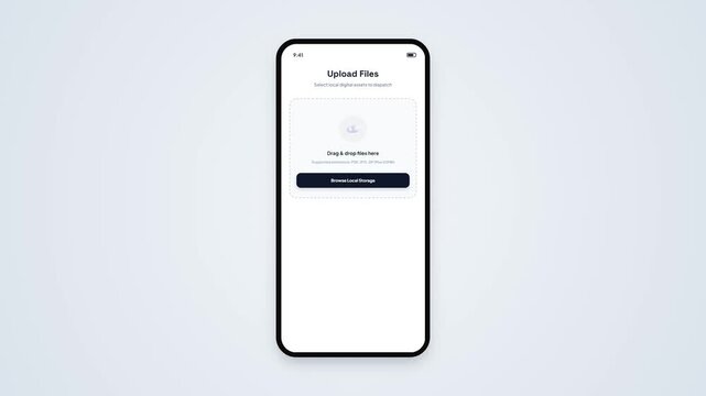 Mobile App UI Design for Uploading Files with Drag and Drop Area and Browse Local Storage Button on Smartphone Screen Mockup