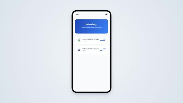 Smartphone Interface Design Animating Multi File Cloud Upload Progress and Data Syncing Indicator Template for Storage App