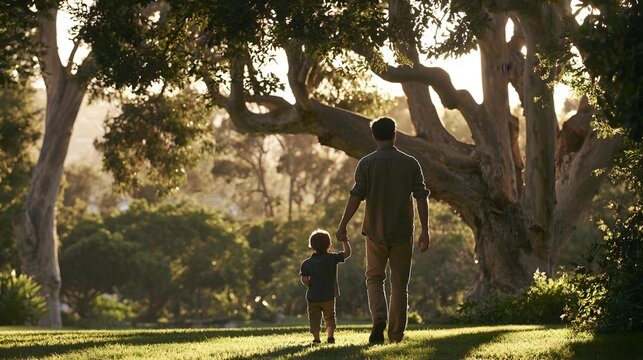 Father and son walking holding hands on grassy path backlit by golden sun through trees