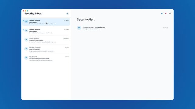 Cybersecurity Inbox Dashboard UI Layout with Threat Alerts and System Notifications