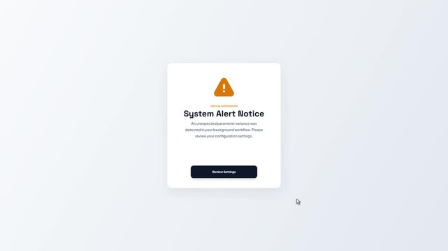 Critical Notification System Alert Notice User Interface Warning Popup Box Design Animation with Review Settings Button and Caution Icon