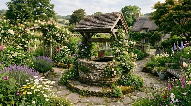 Idyllic Countryside Cottage Garden with a Stone Wishing Well