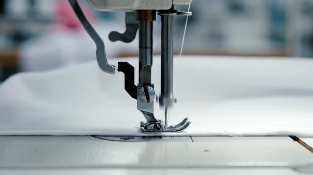 Industrial sewing machine stitching white fabric with rapid needle movement and intricate detail close up