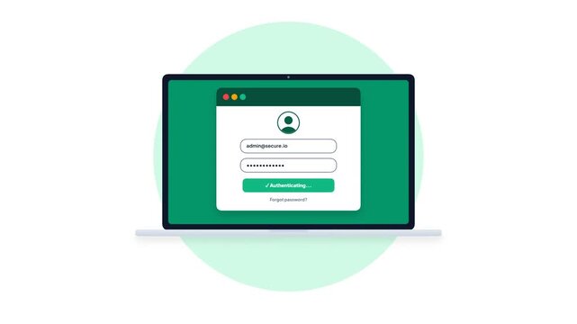 User Login Authentication Security Interface Animation Green Laptop Screen Flat Vector UI Design