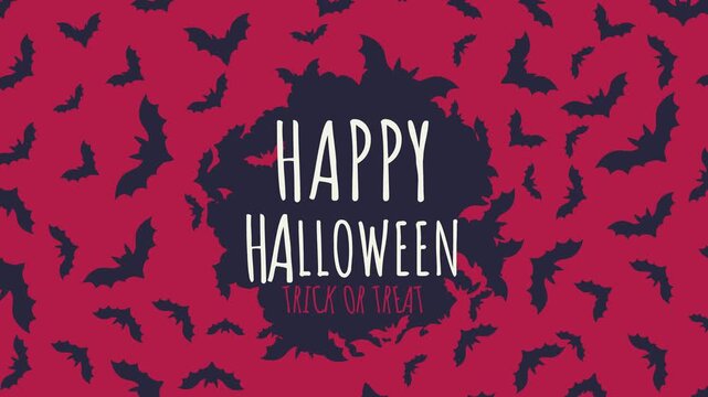 A 4K seamless looping animation featuring flying dark navy bat silhouettes forming a central frame with "HAPPY HALLOWEEN TRICK OR TREAT" text on a crimson red background.