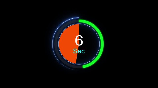 Digital countdown timer animation with circular progress bar, 6 seconds duration, modern ui interface for motion