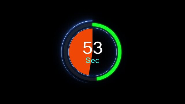 Digital countdown timer animation with circular progress bar, 53 seconds ui clock interface