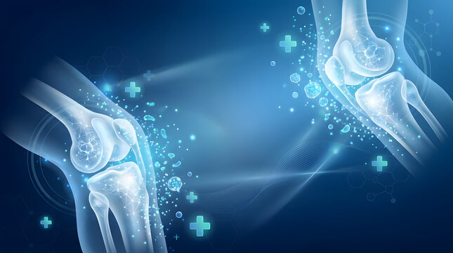 Cinematic medical illustration of human knee joints with glowing healing particles, medical crosses, and clean negative space representing orthopedic care and joint health