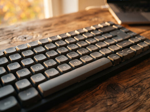 Close Up Shot of Low Profile Mechanical Keyboard on Wooden Table