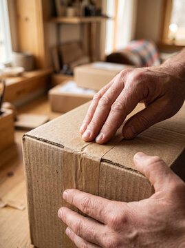 Hands closing cardboard shipping box flaps with protective paper tape