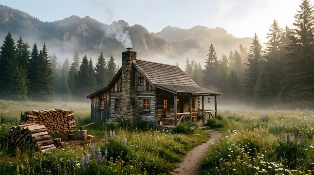 Rustic Log Cabin in Misty Mountain Landscape with Pine Forest