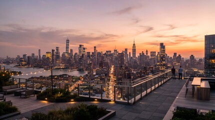 Fototapeta premium Panoramic view of a modern city skyline at sunset from a rooftop