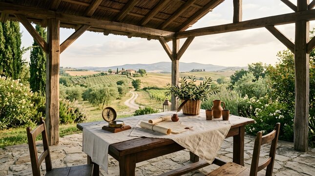 Rustic wooden gazebo overlooking peaceful Tuscan hills and vineyards