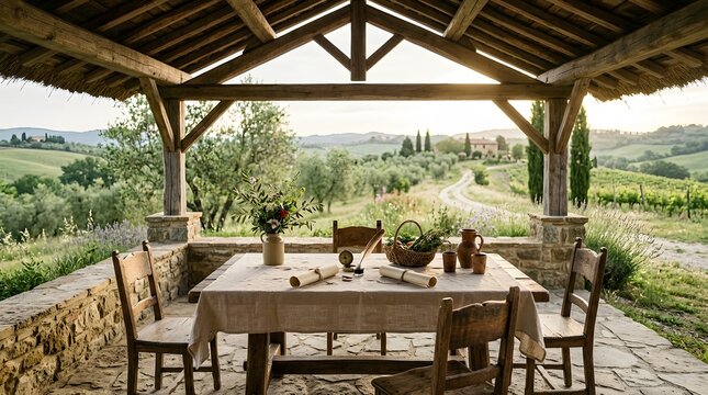 Rustic wooden dining pavilion overlooking scenic Tuscan hills at sunset