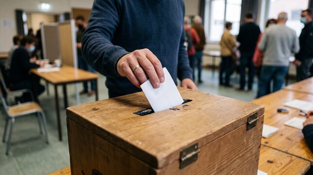 Man casting vote into wooden ballot box during election day at polling station with other voters in background