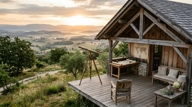 Cozy wooden cabin deck with telescope overlooking a misty valley sunrise