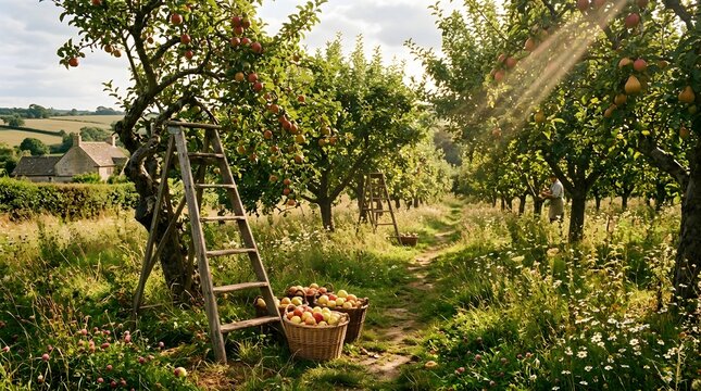 Sunny apple orchard harvest featuring wooden ladder and baskets of fruit