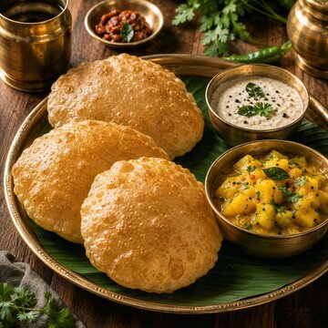 Traditional South Indian Poori with Potato Masala and Coconut Chutney Served on Banana Leaf