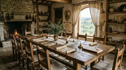 Fototapeta premium Medieval rustic dining hall interior with a long wooden table and fireplace