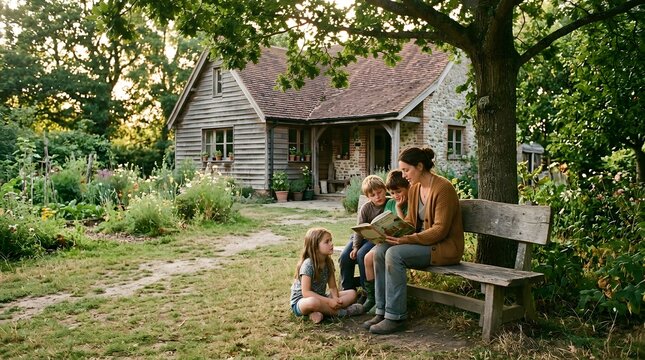 Mother Reading A Storybook To Her Children Outdoors In Cottage Garden