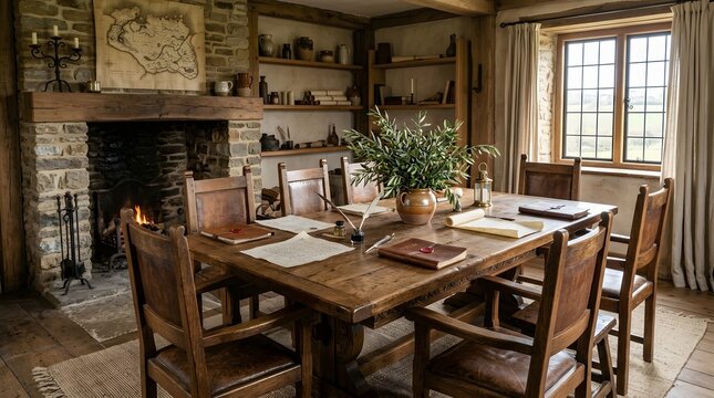 Rustic dining room with large wooden table and fireplace