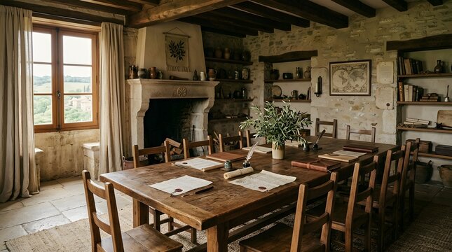 Rustic Medieval Stone Room with Large Wooden Dining Table and Fireplace