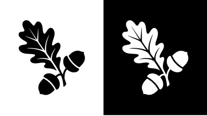 Minimalist black and white oak leaf and acorn silhouettes on contrasting split background design © Kapilbiswas