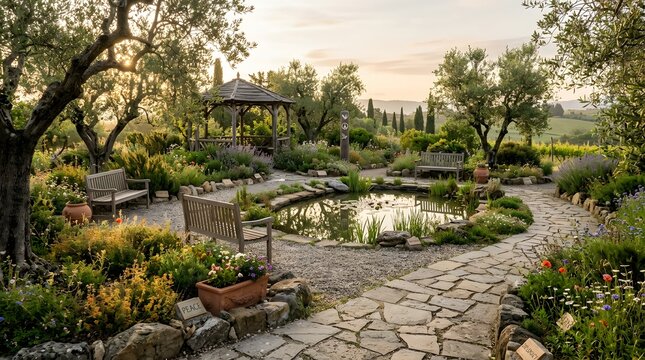 Serene Mediterranean Garden with Stone Path and Water Feature