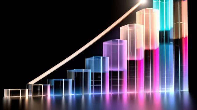 Vibrant Bar Graph with Increasing Trend and Upward Arrow on Dark Background