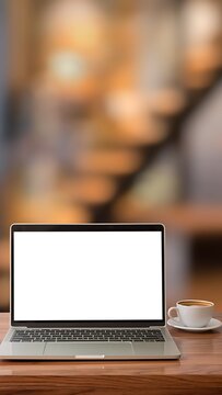 Laptop and Coffee Cup on Wooden Table.