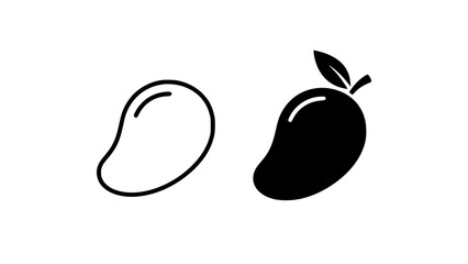 Simple black and white mango fruit icons set with outline and solid silhouette design styles © Kapilbiswas