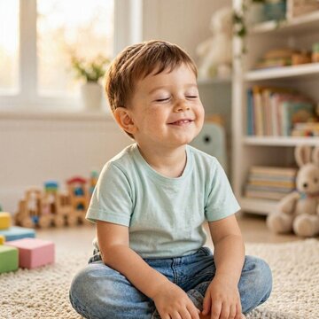 little boy with his eyes closed, waiting for a surprise gift in his playroom 