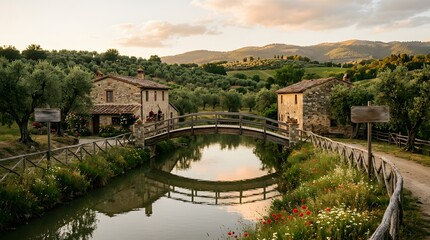 Naklejka premium Rustic Italian Countryside Stone Houses, Bridge, and Olive Groves at Sunset