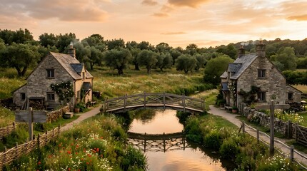 Fototapeta premium Charming stone cottages, a rustic bridge over a tranquil stream, bathed in sunset