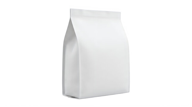 White paper bag mockup, blank food packaging pouch on transparent background, clean matte doy-pack for coffee or flour branding