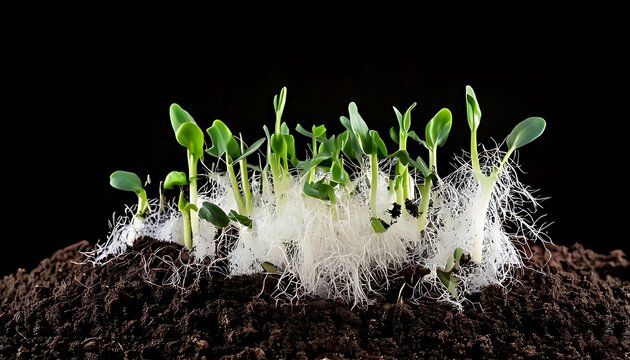 Seedlings emerging from soil with roots visible.