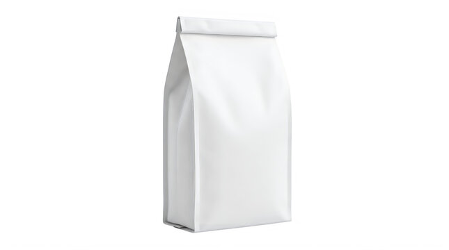 Minimalist white coffee bag mockup, blank paper food pouch on transparent background, matte plastic gusseted packaging for tea or dry goods