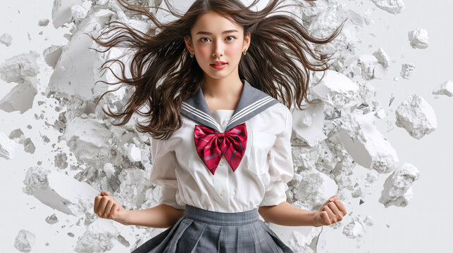 Japanese Female Student Breaking Through with Flying Debris and Determined Pose