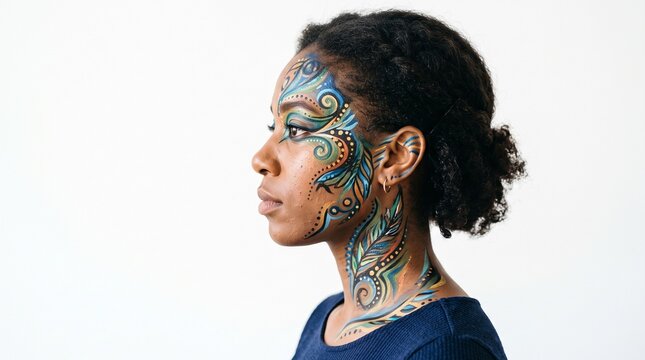 Woman with intricate face and neck body paint art in blue green and gold inspired by nature